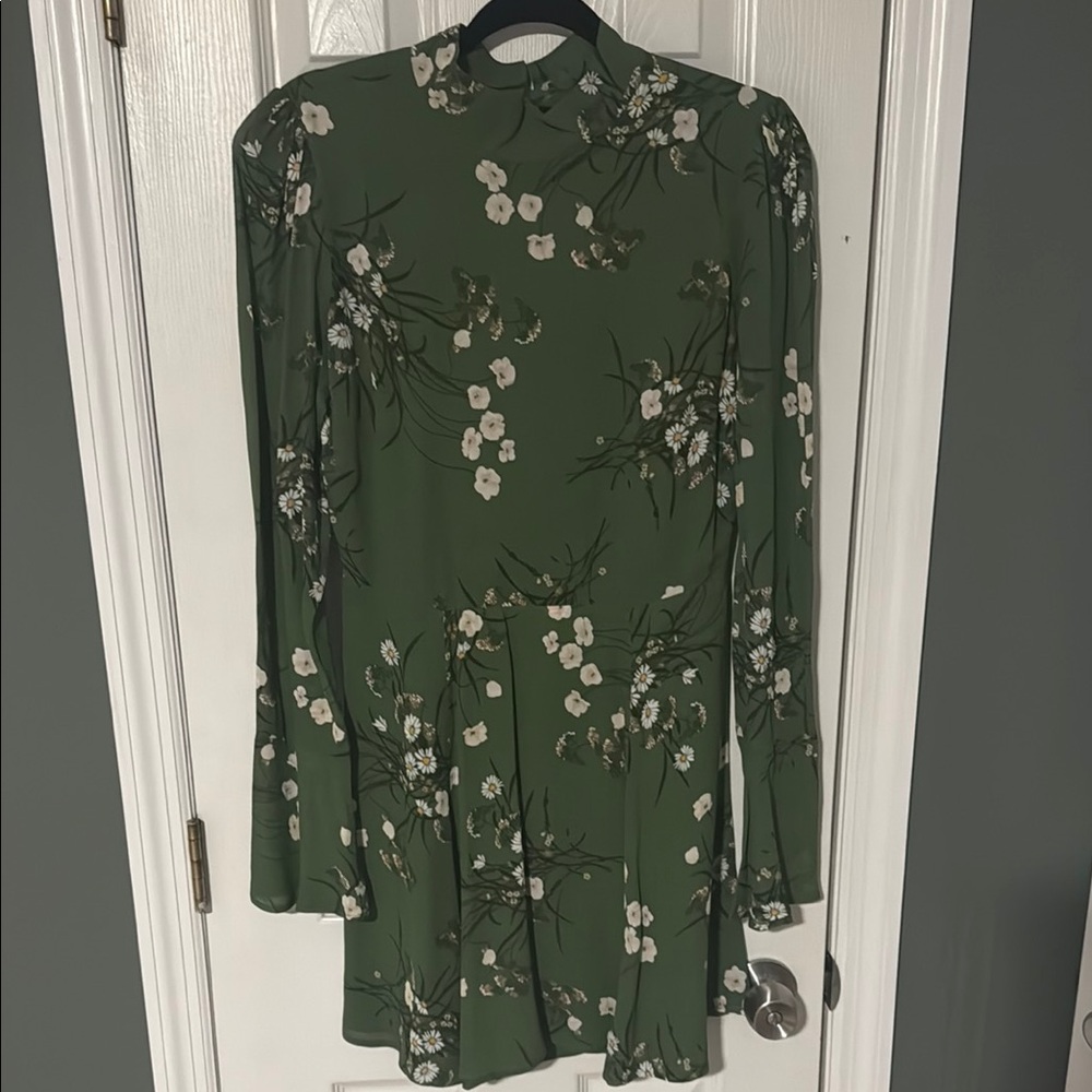 Reformation Green Mock Neck Bishop Sleeve Dress